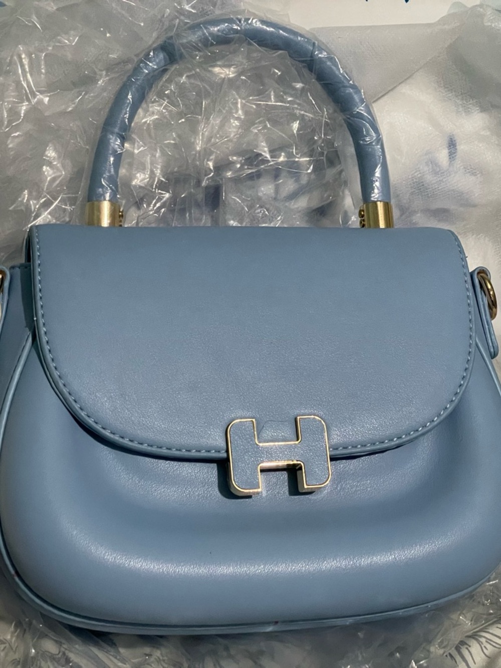 Structured Top-Handle Satchel in Powder Blue with Gold Accents